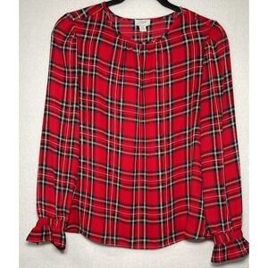 J. Crew Blouse Women XS Red Checkered Crew Neck Long Sleeve‎  Business